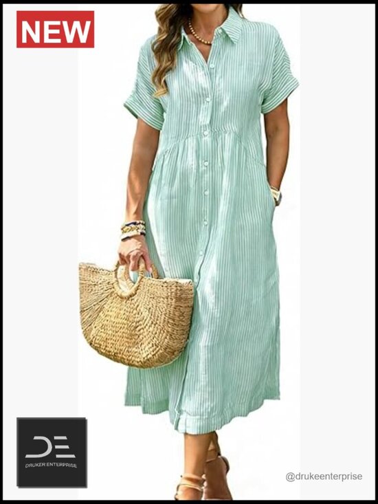 Dresses & Skirts - Striped Midi Shirt Dress Short Sleeve Button Down Side Slit Casual Beach